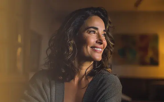 Banner que apresenta uma mulher sorridente em um consultório